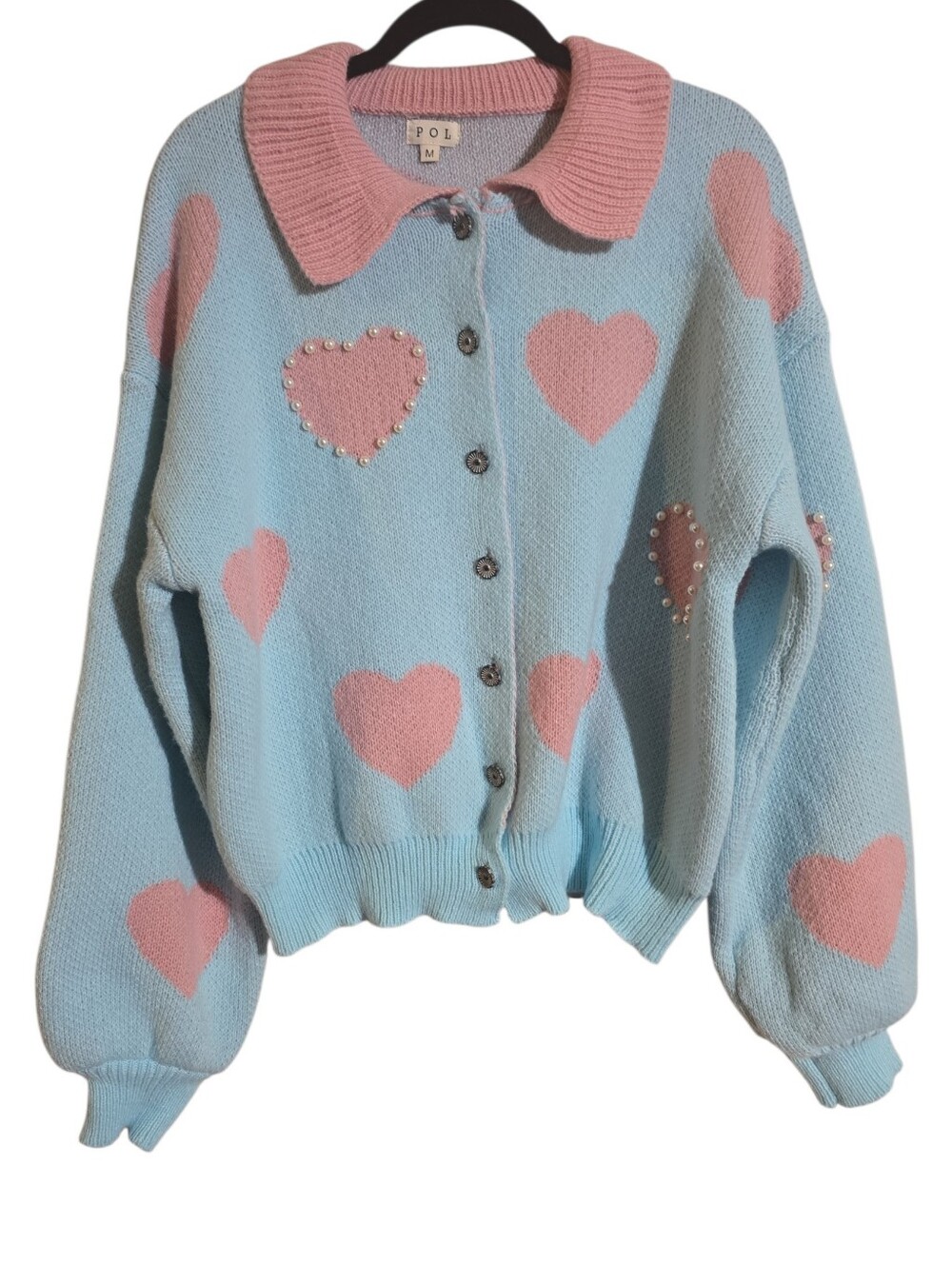 #346. POL blue cardigan with pink hearts and pearl accents
